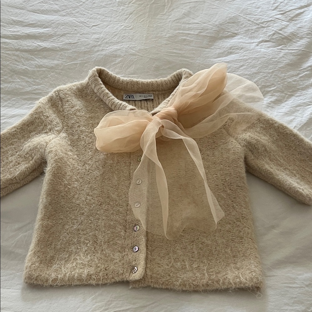 Zara Beige Cardigan with Tulle Bow